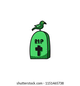 Vector cartoon Halloween grave icon with a crow in cartoon style. Vector illustration.