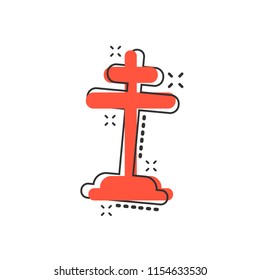 Vector cartoon halloween grave icon in comic style. Gravestone sign illustration pictogram. Rip business splash effect concept.