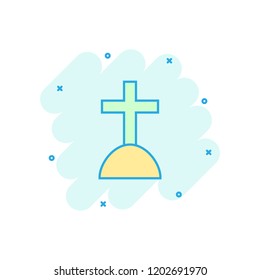 Vector cartoon halloween grave icon in comic style. Gravestone sign illustration pictogram. Rip business splash effect concept.