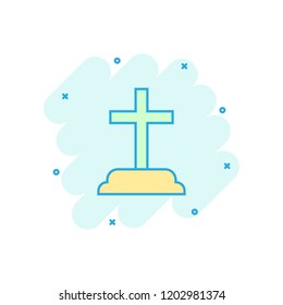 Vector cartoon halloween grave icon in comic style. Gravestone sign illustration pictogram. Rip business splash effect concept.