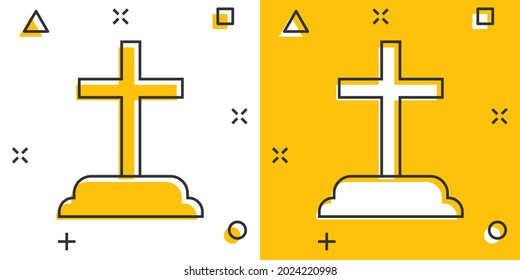 Vector cartoon halloween grave icon in comic style. Gravestone sign illustration pictogram. Rip business splash effect concept.