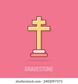 Vector cartoon halloween grave icon in comic style. Gravestone sign illustration pictogram. Rip business splash effect concept.