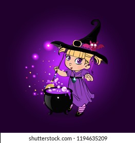 Vector cartoon halloween illustration of kawaii little witch girl in costume and cute bat on her hat mixing with broom boiling glowing potion in cauldron on purple background with sparkles.