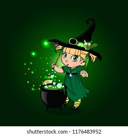 Vector cartoon halloween illustration of little blonde baby witch girl in costume and cute bat on her hat stir boiling potion with broomstick in cauldron on green sparkling glowing background.