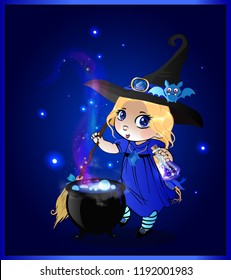 Vector cartoon halloween illustration of little blonde baby witch girl in costume and cute bat on her hat stir boiling potion with broomstick in cauldron on blue sparkling glowing background.