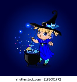 Vector cartoon halloween illustration of little blonde baby witch girl in costume and cute bat on her hat stir boiling potion with broomstick in cauldron on blue sparkling glowing background.