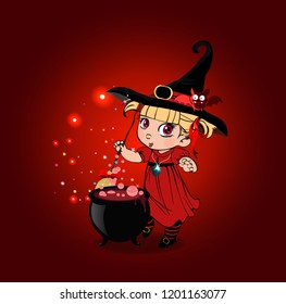 Vector cartoon halloween illustration of little blonde baby witch girl in costume and cute bat on her hat stir boiling potion with broomstick in cauldron on red sparkling glowing background.