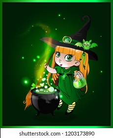 Vector cartoon halloween illustration of little ginger baby witch girl in costume and cute bat on her hat stir boiling potion with broomstick in cauldron on green sparkling glowing background.
