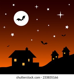Vector cartoon Halloween illustration of silhouette houses at night with lit windows. The orange gradient sky has bright white stars and a large full moon. There are four flying bats. EPS 10. 