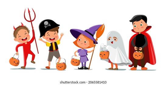 Vector cartoon halloween kid characters in funny costumes. Flat girls and boys in vampire, pirate, witch ghost and devil costumes. Trick or treat design children with pumpkins.
