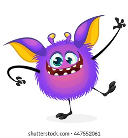 Vector cartoon Halloween monster with purple fur waving his hand and dancing. Isolated on white