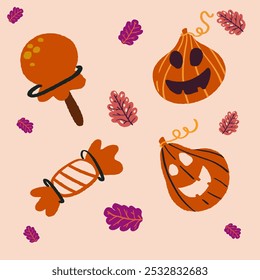 Vector | Cartoon Halloween Night Cute Pumpkins and Candy Set Collection Vector Clipart Illustration 