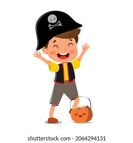 Vector cartoon halloween pirate boy in funny costume. Flat male kid in costume with hat with skull and crossed bones and pumpkin for trick or treat.