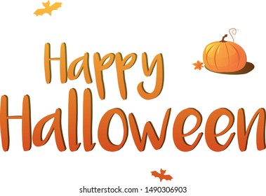 Vector cartoon halloween postcard banner with bats and pumpkin and the text happy halloween isolated on white background, flat style design. Cute concept art.