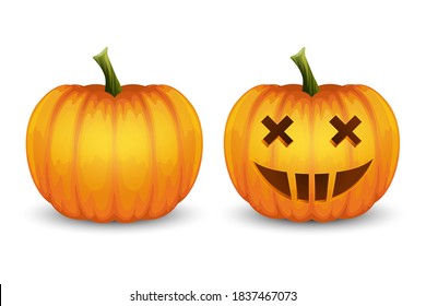 Vector Cartoon Halloween Pumkin Lantern. Funny Face and Blank. Set Closeup Isolated on White Background. Front View. Design Template. Autumn Holidays, Halloween Concept