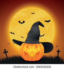 Vector Cartoon Halloween Pumkin Lantern with Funny Face and Witch Hat on Night Glowing Moon Background, Bats, Cemetery. Design Template of Realistic Pumkin. Autumn Holidays, Halloween Concept