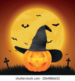 Vector Cartoon Halloween Pumkin Lantern with Funny Face and Witch Hat on Night Glowing Moon Background, Bats, Cemetery. Design Template of Realistic Pumkin. Autumn Holidays, Halloween Concept
