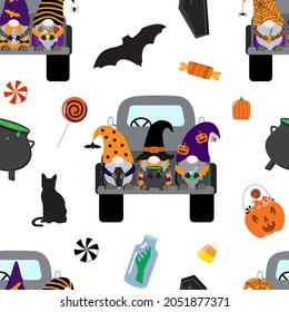 Vector cartoon Halloween seamless pattern with gnomes on black truck, candies, bat, cat. Isolated on white background.