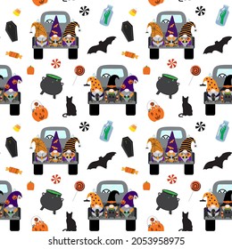 Dibujo vectorial Halloween patrón sin fisuras con gnomos en un camión negro, caramelos, caldero de brujas, ataúd, murciélago, gato. Aislado sobre fondo blanco.