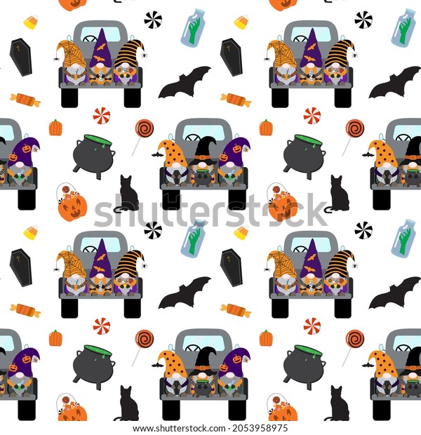 Vector cartoon Halloween seamless pattern\
with gnomes on a black truck, sweets, witch cauldron, coffin, bat,\
cat. Isolated on white\
background.