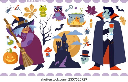 Vector cartoon halloween set. Cute and spooky icons collection with witch, vampire, potion, castle, dracula, pumpkin, bat, skull, owl, cauldron, broom, insects, fly agaric. Flat isolated illustration.