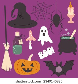 Vector cartoon Halloween set. Witch hat, broom, pot, Jack lamp, pumpkin, web, spider, ghost, boo, candle, poison, bat.