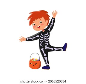 Vector cartoon halloween skeleton boy in funny costume. Flat male kid in bones costume with pumpkin for trick or treat.