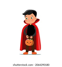 Vector cartoon halloween vampire boy in funny costume. Flat male drakula kid in cape with fangs and pumpkin for trick or treat.