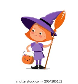 Vector cartoon halloween witch girl in funny costume. Flat kid in spooky hat with broom and pumpkin.