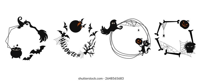 Vector cartoon Halloween wreaths with spooky decorations like ghosts, bats, pumpkins and spiders. Editable background layer