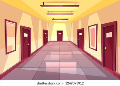 Vector Cartoon Hallway, Corridor With Many Doors - College, University Or Office Building. The Bright Place With Illumination From Electric Lamps. Interior Concept, Architecture Background.