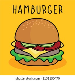 vector cartoon hamburger , cheese and vegetable on yellow background.