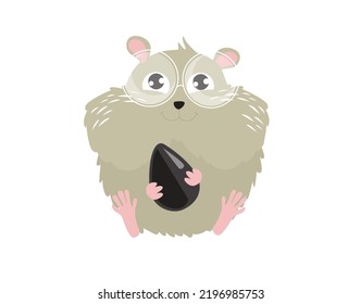 Vector cartoon hamster with a seed. Sweet rodent. Cartoon character.Little fluffy hamster. gray wool