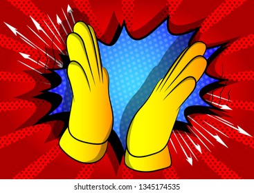 Vector cartoon hand clapping. Illustrated hand sign on comic book background.