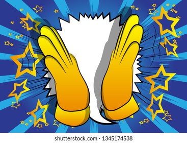 Vector cartoon hand clapping. Illustrated hand sign on comic book background.