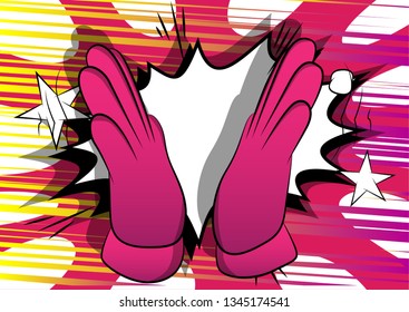 Vector cartoon hand clapping. Illustrated hand sign on comic book background.