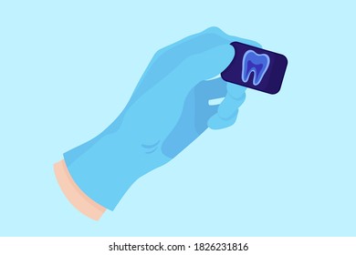 Vektorgrafik Hand eines Zahnarztes in einem blauen Handschuh, der eine zahnärztliche Röntgenaufnahme eines Zahnes für die Untersuchung und Erkennung von Krankheiten und Krankheiten hält. Zahnkonzept.