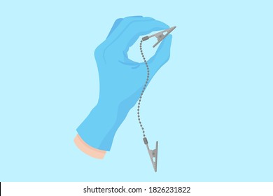 Vector cartoon hand of a dentist in a blue glove that hold a dental clip holder for chest napkins. Dental concept.