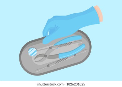 Vector cartoon hand of a dentist in a blue glove that hold a dental metal tray for storing instruments with a mirror, spatula and forceps to remove teeth. Dental concept.