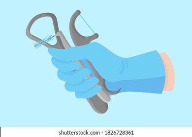 Vektorcartoon der Hand eines ZahnZahnarztes in blauem Handschuh, der ein zahnmedizinisches Instrument enthält: Zungenschrott und verschiedene Überflutungen für die Mundhöhlenpflege.Dental Konzept.