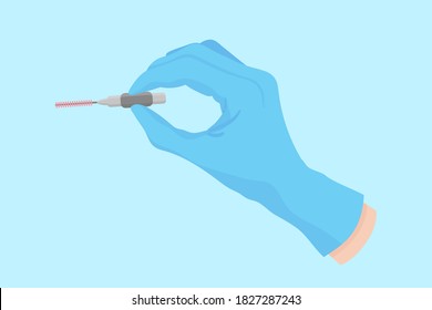Vector cartoon hand of a dentist in a blue glove that hold a dental instrument: floss for oral care and orthodontic braces. Dental concept.