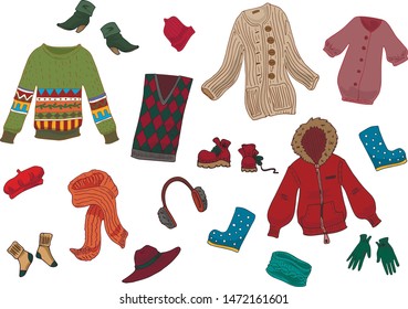 Vector cartoon hand drawing collection set autumn clothes wear fashion look woman fashion outwear flat isolated
