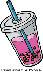 Vector Cartoon Hand Drawn Bubble Tea In Plastic Cup With Straw