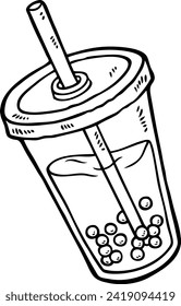 Vector Cartoon Hand Drawn Bubble Tea In Plastic Cup With Straw Line Art