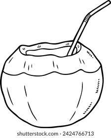 Vector Cartoon Hand Drawn Coconut Drink With Straw Line Art