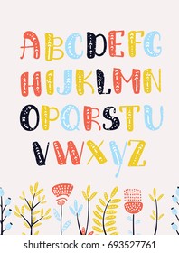 Vector cartoon hand drawn colorful alphabet decorated with feather and floral. Letters in different colors. Ethnic Font