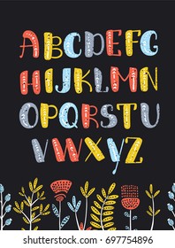 Vector cartoon hand drawn colorful alphabet decorated with feather and floral. Letters in different colors on black background