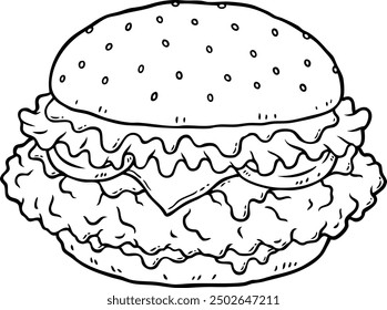 Vector de dibujos animados a mano crujiente hamburguesa de pollo con queso de tomate de Mayo mostaza y lechuga línea arte