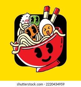 Vector Cartoon Hand drawn Cute Ramen Bowl  t shirt Isolated On Yellow Background