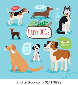 Vector cartoon hand drawn dogs with speech bubbles